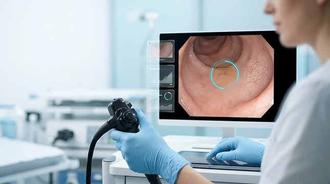 Gastroenterology colonoscopy procedure with AI polyp detection, medical endoscope in clinic, doctor performing colon screening