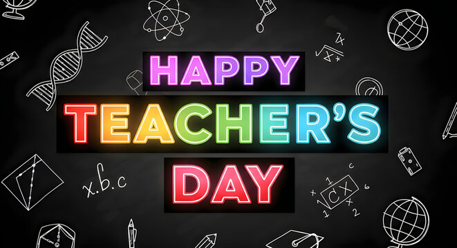Happy Teachers Day neon sign with science and math doodles on a black background