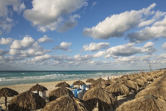 View of straw umbrellas on the sandy beach with turquoise ocean waters under a bright blue sky with scattered clouds in Varadero, Matanzas, Cuba.