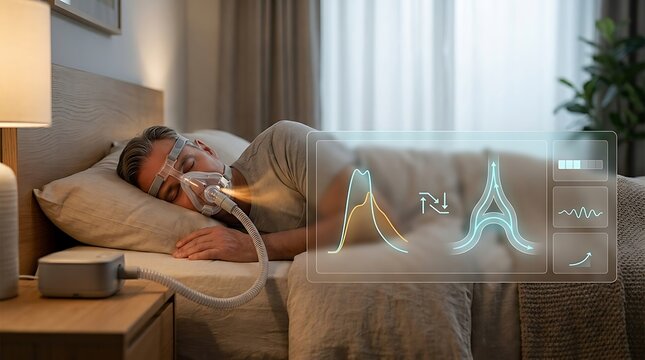 CPAP machine for sleep apnea treatment, man wearing oxygen mask in bed with digital health data overlay, medical technology for respiratory therapy