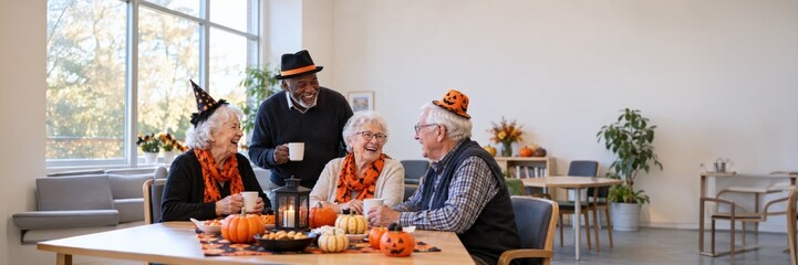 Naklejka premium Senior friends celebrating Halloween party together, active aging concept for lifestyle advertising