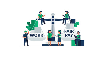 Fototapeta premium Equal Pay and Work Balance Concept Illustration with Business People on Scales