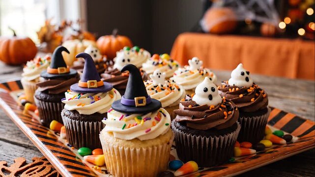 Halloween cupcakes with chocolate and vanilla frosting decorated with witch hats, cute ghosts, colorful sprinkles and candy corn on a festive party tray.