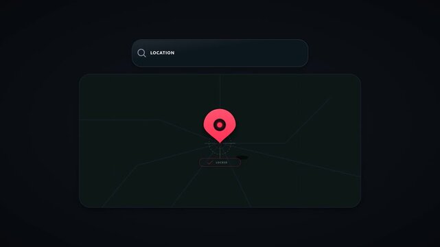 Dark screen shows a location pin on a map