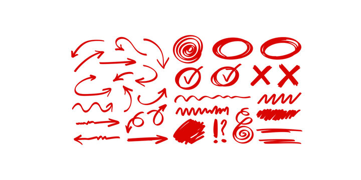 Red marker doodle arrow and highlight collection for business editing.