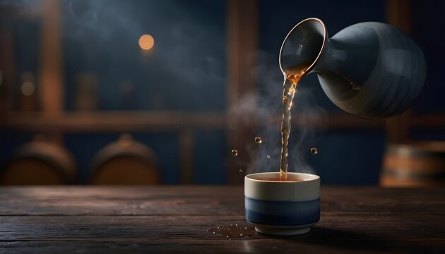 薄暗い蔵で徳利からお猪口へ注がれる日本酒の一杯