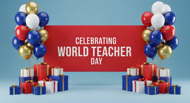 Celebration of world teacher day with balloons and gifts on a light blue background