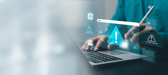 AI cybersecurity warning on a laptop showing a system hacked alert, digital threat detection, data breach, network security, malware protection, and technology risk management. © ภัทรชัย รัตนชัยวงค์
