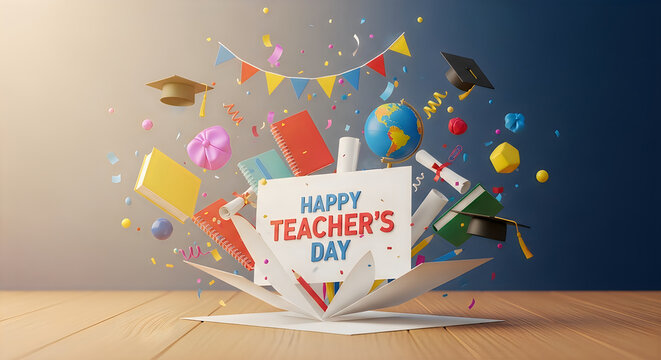 Celebratory explosion of school supplies and a teachers day message on white paper
