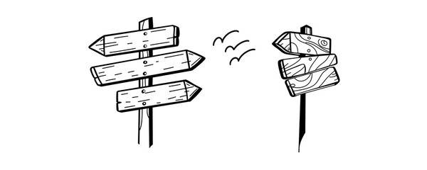 Wooden directional signpost drawing in sketch style with flying birds. © Naqeeb