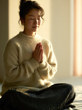 A woman takes a quiet moment to meditate and settle her mind. The simple practice brings her focus back to her breath and body.