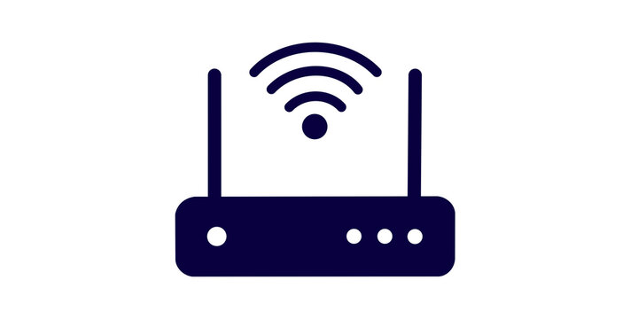 Dark blue wifi router icon with signal waves on transparent backdrop.