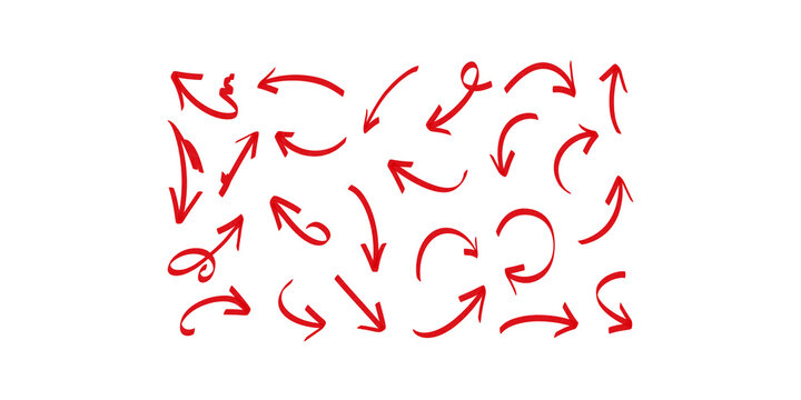 Red hand drawn arrows set with curly and curved pointer directions.