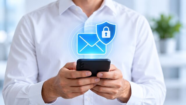 Man holding smartphone with glowing secure email hologram and padlock shield representing encrypted messaging and safe digital cyber communication