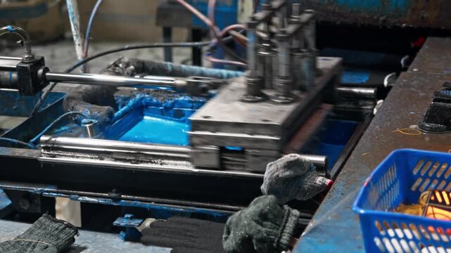 As knitted gloves pass through pressing station, automated compression flattens fabric and corrects product shape. Continuous machine operation reduces variation between finished pieces and increases