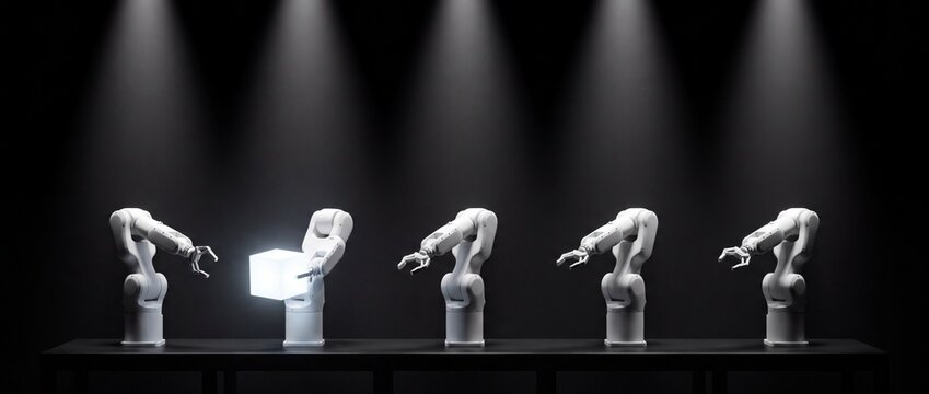 Row of white robotic arms on a dark stage passing a glowing cube between grippers