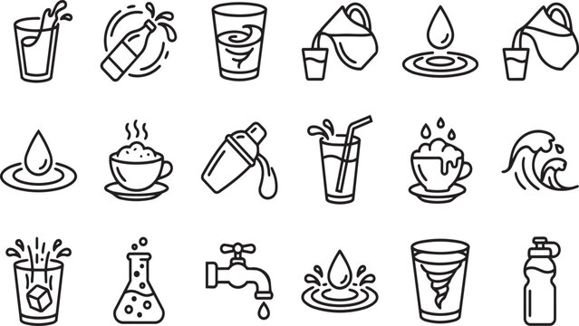 Beverage and refreshment line icons set containing glasses cups bottles and water drops.