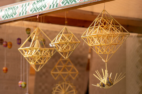 Sodas, beautiful Lithuanian traditional ornament, straw decoration, sold in a traditional craft market in Vilnius, Lithuania, Europe