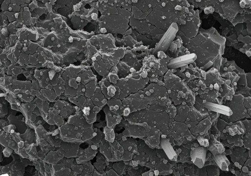 hyper-detailed grayscale sem micrograph of a fractured synthetic nanostructure surface, embedded with sharp geometric crystalline particles against a deep black void. concept of materials science and
