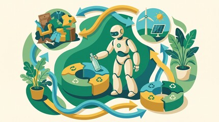 Fototapeta premium Sustainable circular economy concept with robot sorting recyclable materials for environmental protection and green energy generation.