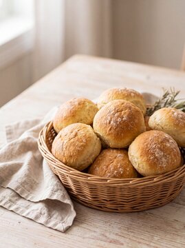 Fresh baked bread rolls in a wicker basket on a wooden table