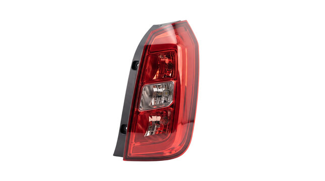Modern red car taillight assembly, automotive rear brake lamp component, vehicle tail light spare part for repair and maintenance isolated PNG with Transparent Background