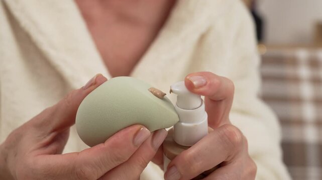 Close-up of a woman in a bathrobe applying foundation or makeup base to a sponge for application to her face. Makeup and cosmetics concept.