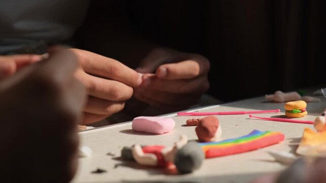 Teenagers work together with soft clay and plasticine, joining separate details with their fingers while creating crafts at a table. , hands-on learning, fine motor skills, artistic development.