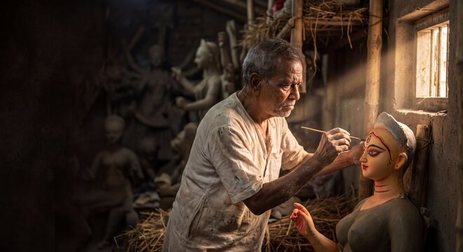 Traditional Artisan Performing Chakshu Daan on Goddess Durga Idol for Mahalaya