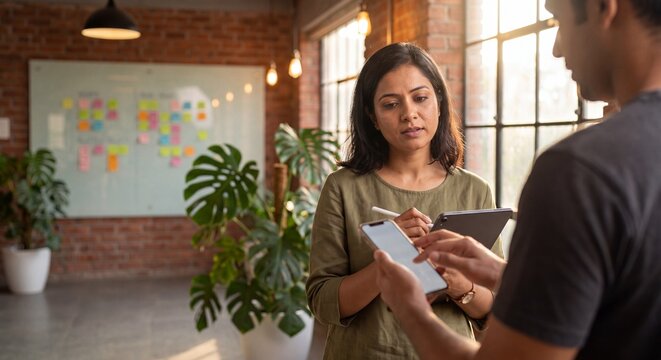 Modern Indian UX Researcher Conducting Usability Testing with User in Premium Creative Agency