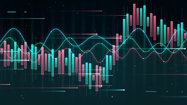 Abstract financial stock market trading graph with colorful bars and wavy lines on a dark background