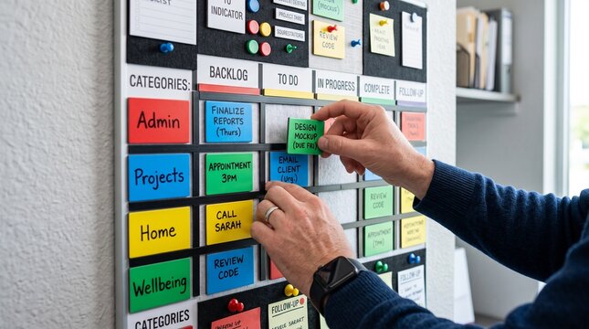 Persons hands placing a sticky note on a colorful Kanban board