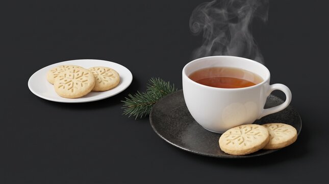 Tea and biscuits on two plates with sprig of rosemary