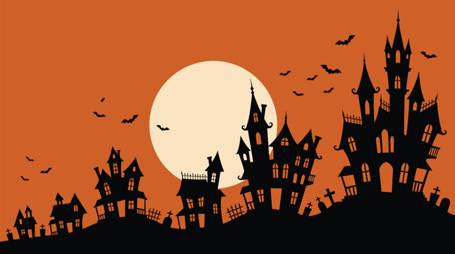 A spooky and atmospheric halloween background vector illustration featuring a silhouetted castle full moon and flying bats against an orange gradient sky