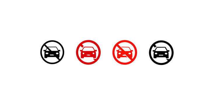 Four no cars traffic signs in black and red for restricted vehicle access.