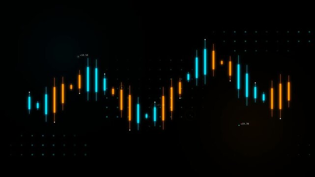 Neon blue and orange candlestick stock market trading chart graph with data points and grid