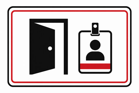 A safety sign displaying a door and an ID badge, indicating access control or identification requirements.