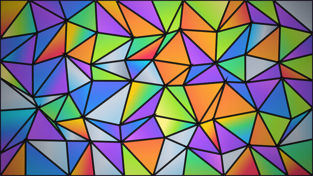 Vibrant geometric mosaic background featuring colorful triangular shapes and black outlines in a modern abstract stained glass style pattern