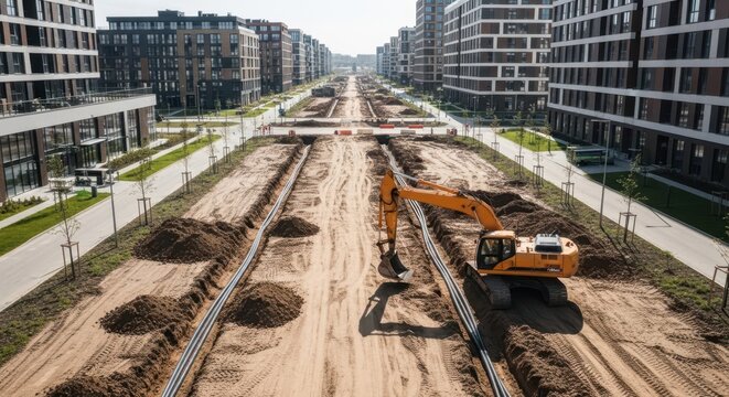 Yellow excavator creates utility trench amidst ongoing urban construction of modern city buildings