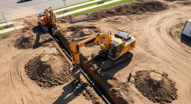 Yellow excavator digging a deep trench for utility pipes at a construction site