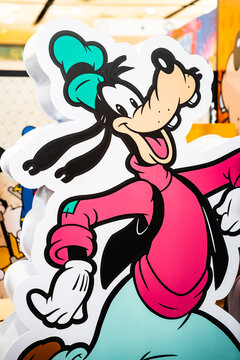 Bangkok, Thailand - September 4, 2026 :  Goofy wallpaper backdrop standy from Disney Mickey Mouse Animation Cartoon.