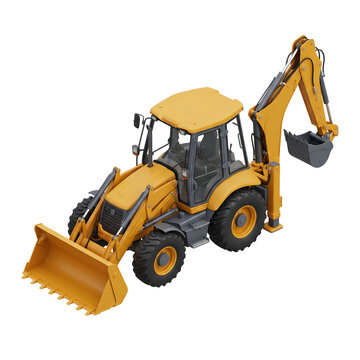 Yellow backhoe loader tractor with front bucket and excavator arm