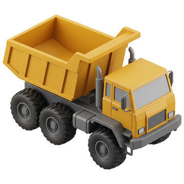 Cute yellow toy dump truck 3D illustration on transparent background