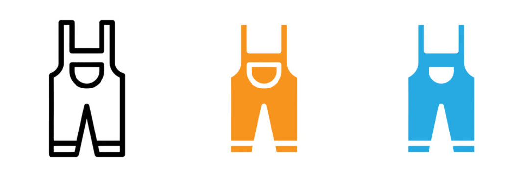 Three colorful overalls icons in a row isolated on transparent background, Vector