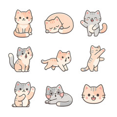 Fototapeta premium 10 Cute Cartoon Cat Icons Set – Playful, Sleeping, Sitting and Expressive Feline Characters Flat Vector Illustration