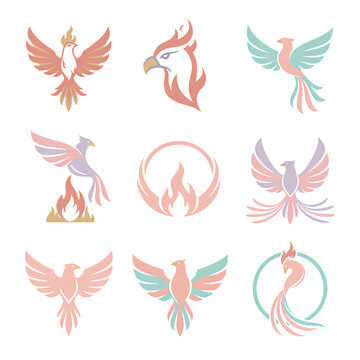 10 Pastel Two-Color Phoenix Icons Set &ndash; Rising Bird, Flame, Wings and Mythical Rebirth Symbols Flat Vector Illustration