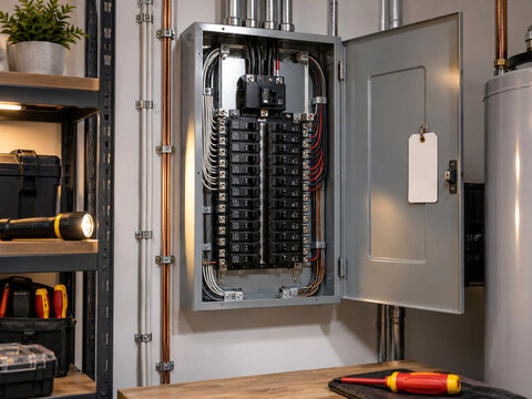 Modern residential electrical breaker panel for home safety inspection