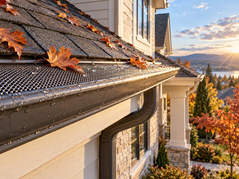 Modern house gutter guard with autumn leaves and rainwater protection