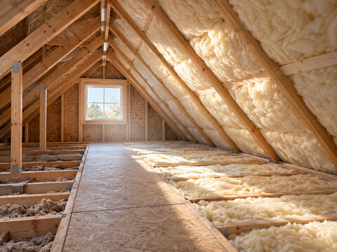 Residential attic with new thermal insulation for energy efficiency