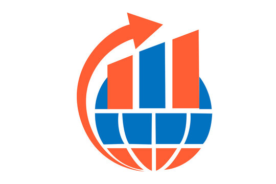 Business growth vector logo with financial chart and global arrow concept transparent background